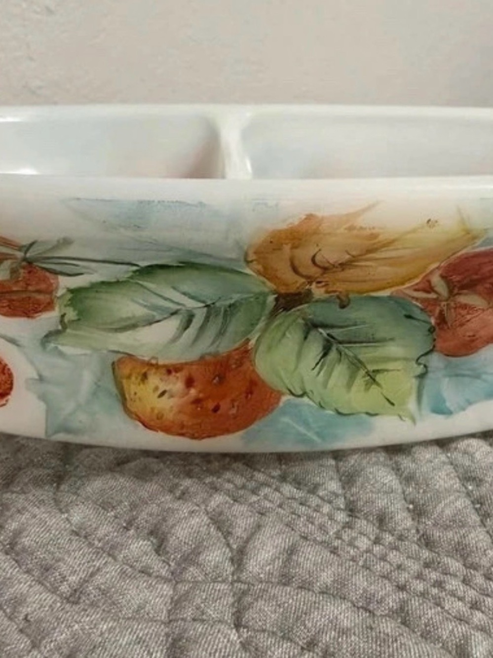 Hand-Painted Ceramic Fruit Bowl with Green Leaves and Orange Accents